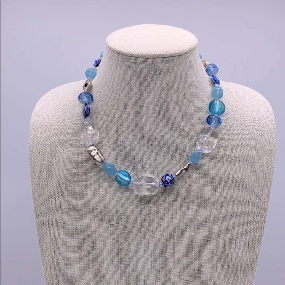 Chico's Blue Glass and Metal Bead Choker Necklace